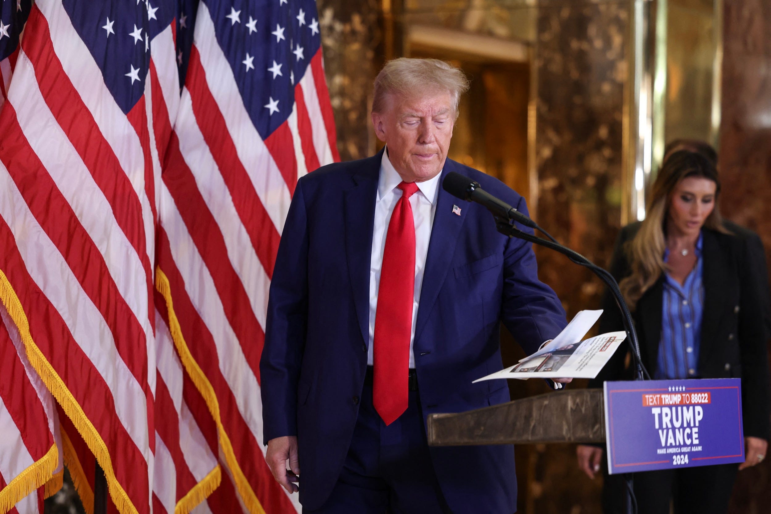 US former President and Republican presidential candidate Donald Trump at a press conference at Trump Tower following the oral arguments.CHARLY TRIBALLEAU/AFP via Getty Images